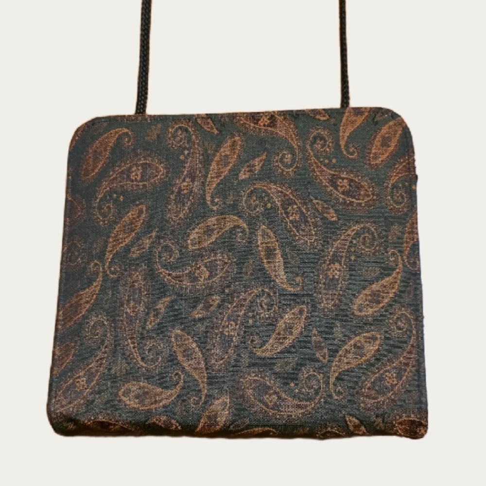Vintage Brocade Crossbody Bag in Brown and Black with Rope Strap, EUC, 20" Strap